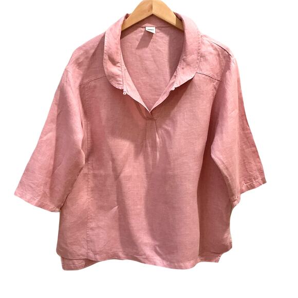 Linitco JADE Linen V-Neck Top Shawl Collar Pink Size L Relaxed Chic High-Low - Picture 1 of 7